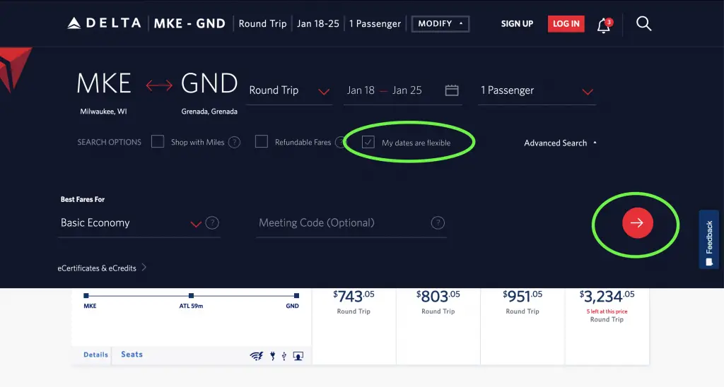 Delta Airlines's flexible date feature step 3